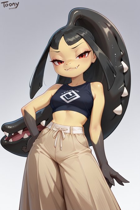 masterpiece, best quality, amazing quality, very aesthetic, detailed eyes, 2d, toony, simple drawing, BREAK, solo, 1girl, mawile, anthro, cute fangs, black hair, red eyes, eyeliner, sidelocks, colored skin, yellow skin, two-tone skin, black skin, extra mouth, long hair, crop top, smug, :3, half-closed eyes, looking at viewer, gradient background, <lora:Mawile (illust):0.9>