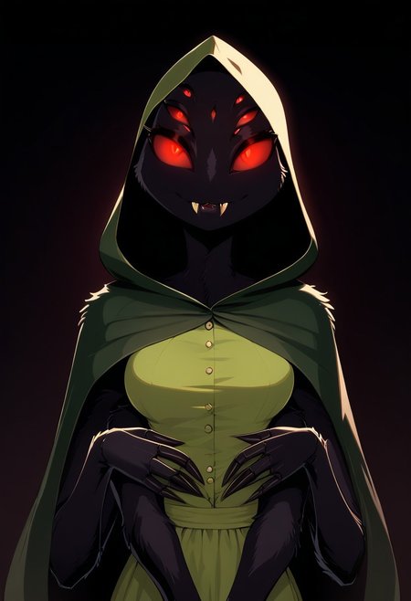 score_9, score_8_up, score_7_up, highres, high quality, perfection,
BREAK 
1girl, (solo: 2.0), girl alone, front view, cowboy shot, dark background, web background,
BREAK 
furry female, arachnid girl, (anthro arachnid girl: 1.2), beautiful girl, cute girl, adult, 20 years old, detailed body, detailed fur, (black fur: 1.2), fluffy, one-tone fur, shapely girl, (slim body: 1.2), petite body, (bald_girl: 1.2), (baldness: 2.0), detailed face, beautiful face, eyelashes, (red eyes: 1.2), extra eyes, 6 eyes, lot of eyes, (glowing eyes: 1.2), perfect eyes, detailed eyes, (fangs: 1.2), teeth, medium breasts, extra arms, 4 arms, 6 arms,
clothed, dark-green cloak, green dress, hooded cloak, hood on,
standing, looking at viewer,
BREAK
darkness, spider web everywhere,
