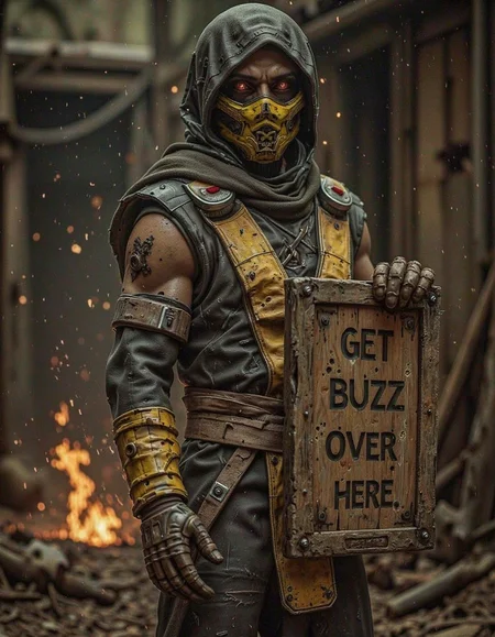 cinematic photo of a mortal kombat male character scorpion, futuristic cyborg, he is dressed in biotech-boosted ninja armorsuit with black and yellow colors made of titanium and carbon, cloack.  he is prepared for tournament. He holds up a wooden plaque with a carved text on it: "get buzz over here".  YFG-F@ce, eyes without pupils, hell of fire and sparks on background, RetroFutureDystopia <lora:yfg-facegear-v1:0.7>  <lora:retro-future-dystopia:0.4>  <lora:lqstyle_r15:0.8>, 35mm photograph, film, bokeh, professional, 4k, highly detailed