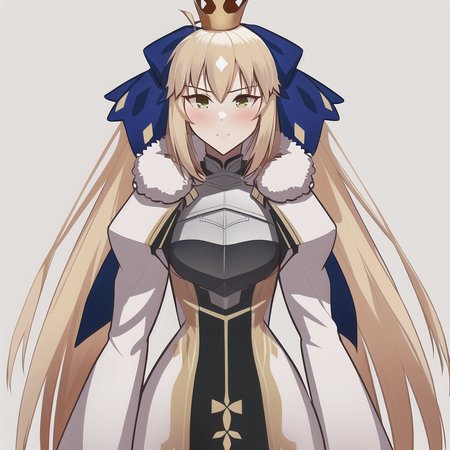 <lora:castoriaV4:0.7>, 1girl, solo, ahoge, blonde_hair, blue_ribbon, long_hair, hair flowing over, ribbon, gold trim, standing, (genshin impact:0.85), (utawarerumono:0.85), (rwby:0.85), high definition,  masterpiece, best quality, highly detailed, intricate, simple background, grey background, reference sheet, face, breastplate, yellow eyes, crown, castoria, fur, fur trim, fur collar, hands