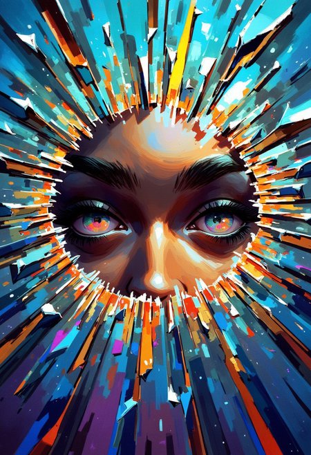 A surreal and captivating artwork of a shattered rainbow glass mirror, each shard reflecting a mesmerizing array of iridescent colors. The fragments are suspended in mid-air, creating a dynamic composition that feels otherworldly. In the largest central shard, a pair of stunning, expressive eyes stare intensely into the broken glass. The eyes are beautifully detailed, with vibrant, multicolored irises that mirror the rainbow hues of the shattered glass