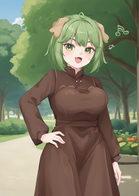 1girl, kasodani kyouko, huge breast, animal ears, blurry, brown dress, depth of field, dog ears, dress, eighth note, fang, green eyes, green hair, hand on own hip, leaf, long sleeves, looking at viewer, musical note, open mouth, outdoors, short hair, solo, standing, tree, <lora:MaWeë§ì¨:1>