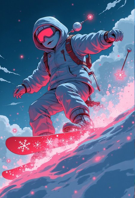 "Create a stunning, hyper-realistic image of an anime-style snowman snowboarding down a Christmas mountain. The snowman should be decked out in a cyberpunk outfit, with a neon light Christmas-themed snowboard. Holographic 3D holograms of snowflakes should be projected around him, adding a futuristic touch. Blazing candy cane-colored speed effects should linger around the snowman, emphasizing his speed and agility as he cruises down the mountain. The snowman's body should be meticulously detailed, with a soft, fluffy texture and a gentle, determined expression. The mountain should be covered in snow, with a festive, winter wonderland atmosphere. The overall composition should be both visually captivating and aesthetically pleasing, capturing the essence of a cool, cyberpunk Christmas adventure."