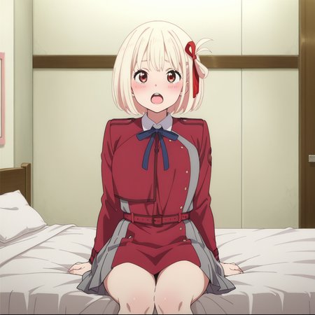 nsfw, masterpiece,best quality,amazing quality,1girl, solo,lycoris_recoil_chisato_nishikigi, sitting on bed, lycoris uniform, blonde hair, open mouth, short hair, pleated dress, red dress, red eyes, ribbon, bob cut,bangs, open mouth, grey dress, belt, neck ribbon, blue ribbon, shorts, indoors, red belt, red ribbon,teeth, blush, facing viewer, bow, upper teeth only, hair bow, bedroom, bed, <lora:Chisato_Nishikigi_-_Lycoris_Recoil:0.7>