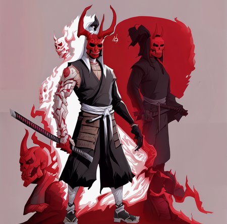 <lora:hu4lu:1>hu4lu samurai with horned mask holding sword grey background