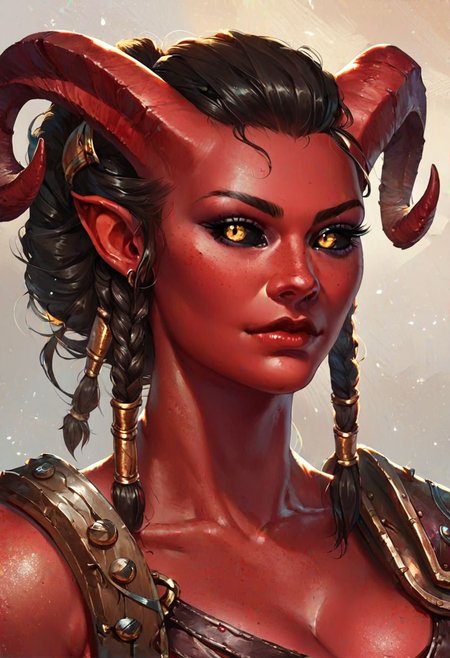 score_9, score_8_up, score_7_up, tiefling,female(red_skin,dark_hair,black_sclera,muscular,gladiator) keep_the_face, beautiful_eyes, twisted horns, wearing a battleaxt twohanded