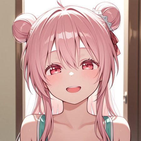 masterpiece, best quality, 32k, high resolution, absurdres, matsuzaka satou, double bun, POV, looking at viewer, blush, smile, open mouth, upper teeth only
