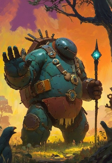 A tall figure (big hero) dressed in patchwork armor made of metal and leather, holding a staff with a glowing crystal at its tip. Around them are various mechanical beasts, from tiny clockwork birds to large, lumbering golems. The Beastmaster's eyes are sharp and calculating, and they command the creatures with a mix of whistles and hand signals. The scene is set in a clearing, with the forest encroaching on all sides., 
in the style of decaying animatronic, claymation, VHS screen grab, grainy, old footage, in the style of an old 80's VHS dark fantasy, VHS screen grab, grainy, old footage
, the scene is captured in dimly lit dark fantasy but vibrant colors, with bold ink lines defining form against the watercolor wash of the aged paper