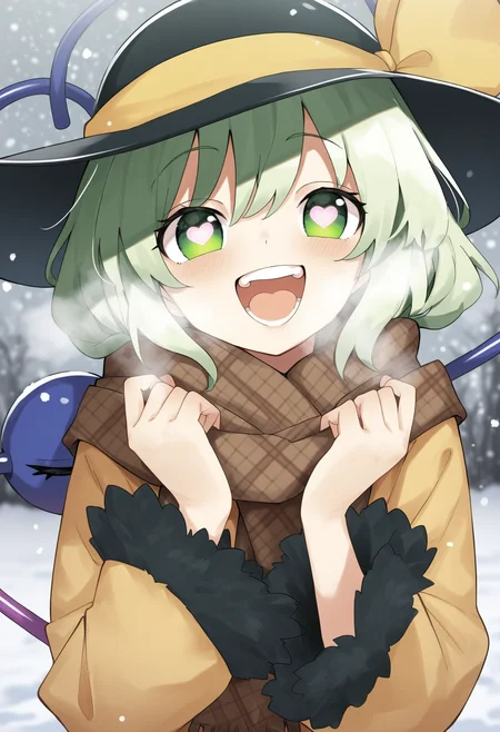 masterpiece,best quality,amazing quality,
1girl, solo, komeiji koishi, scarf, green eyes, hat, open mouth, looking at viewer, third eye, plaid, plaid scarf, long sleeves, brown scarf, smile, snowing, green hair, upper body, fur trim, winter clothes, black headwear, heart, short hair, hat ribbon, teeth, symbol-shaped pupils, snow,
 <lora:Jank365m:1>