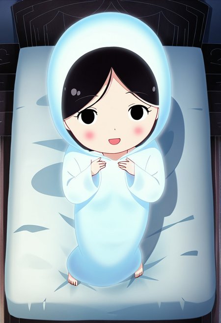 zPDXL3, source_cartoon, Perfect Hands, full body,
1girl, solo, aged down, bedroom, looking at viewer, saoirse, black hair, black eyes, blush, ghost, hood up, robe, barefoot, glowing, dancing on bed, from above, facing at viewer, feeling cold, eyes open, smile, open mouth, sleeve past wrist, slim body, long body, highlight cloth wrinkle, anime style,
<lora:Perfect Hands:1>  <lora:Saoirse_-_The_Song_of_the_Sea-000009:1>