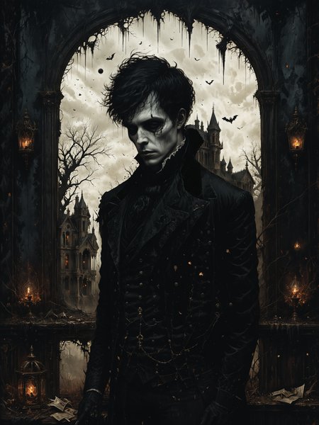 macabre style, digital illustration of Quantum illusionist creating alternate reality simulations, Crumbling, haunted mansion with broken windows in the background,, dark, gothic, grim, haunting, highly detailed smooth, artstation, digital illustration by ruan jia and mandy jurgens and artgerm and wayne barlowe and greg rutkowski and zdislav beksinski   <lora:Misty_Vintage:0.7> <lora:xl_more_art-full_v1:0.3>