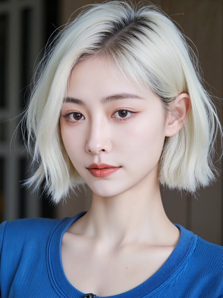 a woman, white hair, blue shirt, light smile, portrait, blurred background