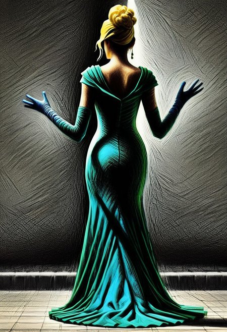 ScribbleRay, FOTOREALISTIC, rear_view, beautiful tall lady, (long yellow gala dress, green details), (wide dress:1.8), blue elbow gloves, background Rio_de_Janeiro, score_9, score_8_up, score_7_up, score_6_up, score_5_up, score_4_up, UHD, 8K, masterpiece, ultra-realistic, Ultra detailed photorealistic background, photoreal, realistic high detailed beautiful face, anatomic correct bodies, ultra_high_resolution, ancient parapet, Extremely Realistic, lots of detail, full_body_visible.