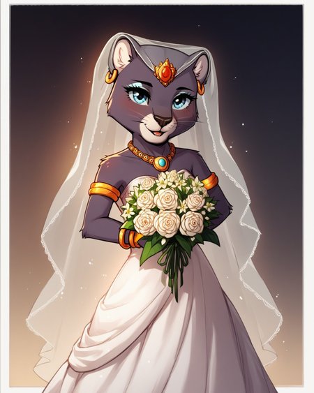 score_9,score_8,score_7,source_furry,
<1girl:1.5>,
<solo:1.5>,
princess_romy, romy_panther,jewel,panther, lion ears, bald, hairless, veil,
<lora:Princess_Romy_Pony_SDXL:1> princess_romy,, dress,
wedding dress,
Wedding,
necklace,
chocker,
bracelets,
<white dress:1.5>,
gold,
silver,
holding flowers,
bouquet,