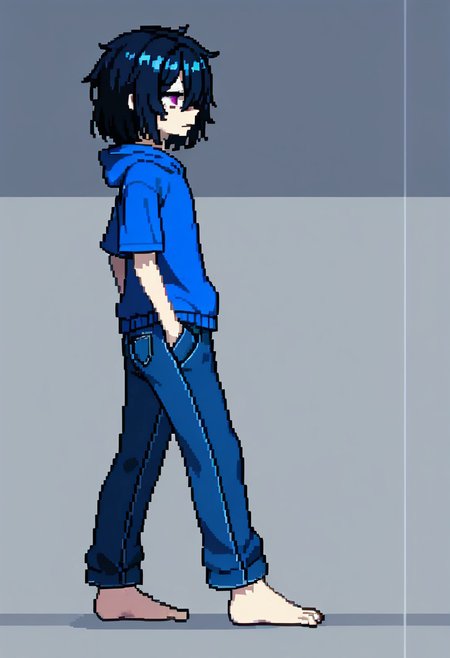stands at full height, solo, flat 2D animation, vector animation, Pixel_Art, 35 years old, thin, medium length hair, black hair color, disheveled, bags under the eyes, purple eyes, in a baggy dark blue sweatshirt, dirty dark blue jeans, Pixel Art, side focus, male focus, side view, half-turned, feet visible, barefoot