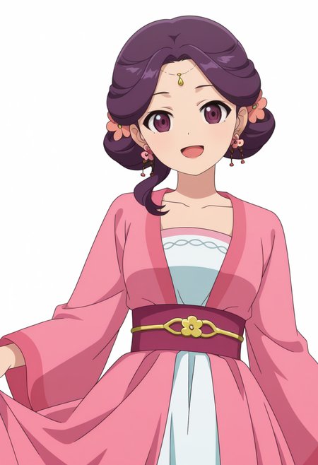 <lora:Ying Hua_illustrious-000040:1>,PN_\(Yinghua\),hair flower,solo,earrings,smile,jewelry,open mouth,looking at viewer,simple background,white background,collarbone,:d,pink dress,purple eyes,purple hair,cowboy_shot