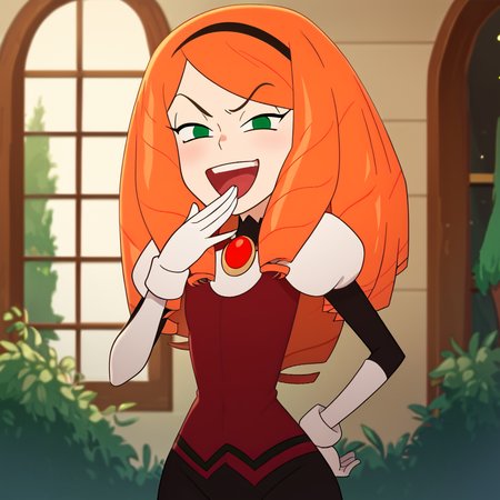 score_9, score_8_up, score_7_up, 1girl, Mina, orange hair, long hair, drill hair, hairband, green eyes, small breasts, narrow waist, wide hips, looking at viewer, laughing, hand over own mouth, highres, high quality, masterpiece, <lora:MinaDroners:1> <lora:ojou-sama-pose-ponyxl-lora-nochekaiser:1>, ojou-sama pose, laughing, smug, hand to own mouth, open mouth,