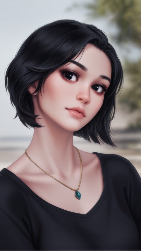 1girl, solo, short_hair, black_hair, jewelry, collarbone, upper_body, necklace, blurry, black_eyes, lips, head_tilt, looking_to_the_side, black_shirt, blurry_background, realistic