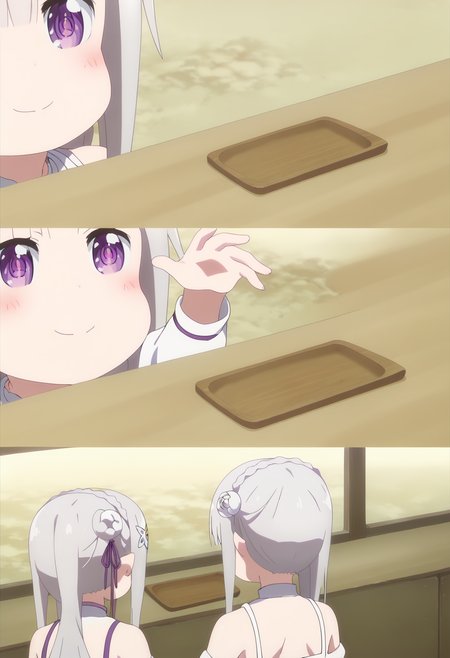 score_9, score_8_up, score_7_up, source_anime,
BREAK
<lora:shiHanaMeme5V1:1>, 
hamefull, long hair, blush, smile, open mouth, multiple girls, 2girls, comic, :d, table, parody, bowl,
anime screencap, anime coloring,
1girl, solo, 
<lora:shiEmiliaV2:1> shimilia, long hair, grey hair, purple eyes, hair flower, purple ribbon, pointy ears, crown braid, 
x hair ornament, white dress, cleavage, bare shoulders,