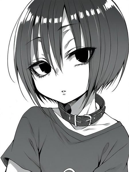 score_9, score_8_up, score_7_up,  
1girl, monochrome, kurose kana, short hair, black hair, black eyes, flat chest,


face, close-up, expressionless, parted lips, looking at viewer, t-shirt, white background, collar,