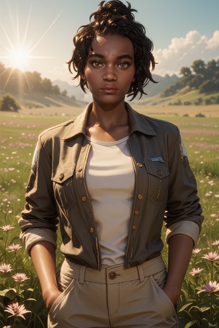 score_9, score_8_up, score_7_up, score_6_up
<lora:MKJacqui:0.8>
MKJacqui, 1girl, black hair, brown eyes, cornrows, dark skin, looking at viewer, standing in a field of lavender, hands in pockets, slight breeze blowing hair, warm golden hour sunlight, serene and peaceful mood