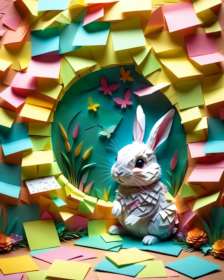 (masterpiece:1.2), (best quality:1.2), highly detailed, realistic texture, sharp details, extremely delicate and beautiful, realistic cg 8k wallpaper
<lora:add-detail-xl:1> <lora:StickyNotesStyle:0.6>  <lora:TQ_-_Paper_Quilling_Art_XL_r1:0.5> (cute:1.2), whimsical, Jed-StickyN, 
 a rabbit burrow made entirely from crumpled sticky notes, glowing softly in the moonlight, cozy pastel tones and intricate textures, rabbit peeking from a spiral of layered notes