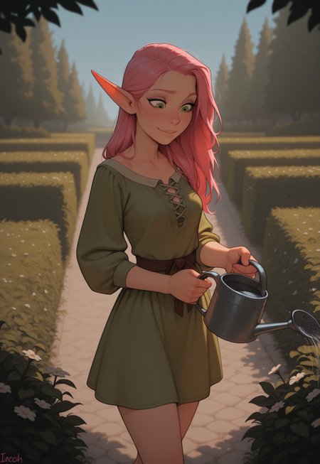 masterpiece, best quality, amazing quality, very aesthetic, DISNEY_ANIMATION, incoth, (incase:0.6), female, solo, (depth of field), medieval setting, outdoors, garden, day time

elf, pink hair, green eyes, cute face, slender, small breasts, long hair swept to one side, short elf ears, short ears,

simple dress,

walking in garden, holding a watering can, watering flowers,