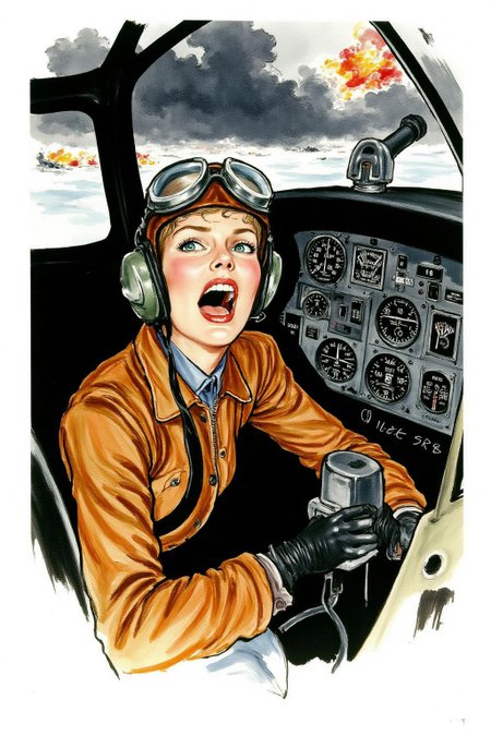regr1 sketch 
A female pilot screaming inside the cockpit of a WWII bomber. The pilot, wearing a vintage leather flight helmet with goggles and a bomber jacket, grips the controls with white-knuckled hands. Her face is contorted in a mix of fear and determination as she yells, her eyes wide with adrenaline. The cockpit is cramped and filled with old-fashioned dials and gauges, with the outside view showing dark stormy clouds and distant anti-aircraft fire. The background is stark white  <lora:regr1_fashion_nocap_d6a3:1.0><lora:807317143122257344:0>