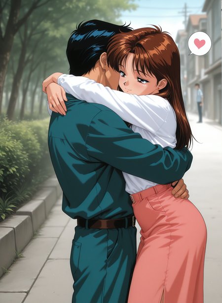 1girl, 1boy, hug, outdoors, spoken heart, 1990s \(style\), <lora:reij-rt:1>, detailed, masterpiece, best quality, absurdres, very aesthetic, amazing quality