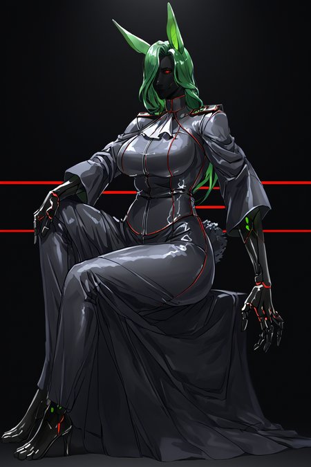 score_9, score_8_up, score_7_up, score_6_up, score_5_up, score_4_up, BREAK, source_anime, solo, 1girl, rating_safe, ((mature female)), ((long green flowing hair)), mechanical parts, ((plastic, polymer, metal body)), (big mechanical rabbit ears), mature female, (bunny ears), (animal ears), subdermal port, ((milf, mature female, big breasts)), hexagon lines in skin, naval uniform overcoat, naval uniform, white military uniform, dress_uniform, ribbons, ((red eyes)), bunny tail, rabbit tail, aiguillette, ((green hair)), ascot, ((Worm's Eye View shot, Sitting, pretending to spin a pizza dough )), pilot suit, shoulder cutout, bunny rabbit Tail, ((hair over one eye, )), digitigrade, clawed feet, minimal clothes, ((metal skin, shiny skin, vampire aesthetic, digital eyes, filled eyes, monochromatic eyes, glowing eyes, colored sclera, red sclera, mechanical eyes, partially shaded face, slit pupils, angular, minimal face, minimalism, narrow eyes, large eyes)), (anubis \(mythology\), anubis \(mythology\), ), <lora:Pony_DetailV2.0:1.5>, <lora:age_slider_v4:4>, ((dark, shaded, black background, horror, GREEN HAIR,)) <lora:ECHANIS:0.7>,    <lora:SqueakyRem_Style:1>