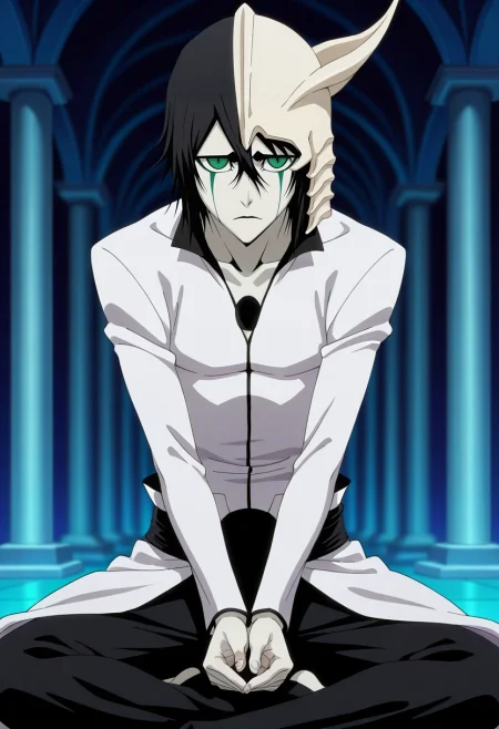 masterpiece, best quality, intricate details, anime screencap, , official style, looking at viewer, depth of field, 1boy, solo, male focus, <lora:ulquiorra_cifer_ilxl:0.98>, ulquiorra_cifer, black hair, green eyes, facial mark, hair between eyes, arrancar, mask, short hair, neon sanctuary, light temples, holo-gardens, quiet spaces, meditation pose, serene expression, night,