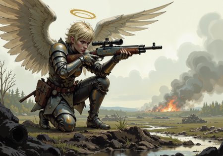 in the style of ck-mgs,, an angel with a halo over her head and large white feather wings a war-torn countryside defense featuring an angel with pale skin and short, tousled ash-blonde hair, wearing lightweight silver plate armor over a white gambeson, standing in a muddy trench while aiming a scoped bolt-action rifle; her wings are spattered with mud yet still shimmer faintly in the overcast daylight, and her golden halo provides a soft glow that pierces through the thick, swirling fog; the trench is surrounded by broken earth, shattered wooden barricades, and the charred remains of once-thriving farmland, while faint artillery fire echoes in the distance, adding a haunting tension to the desperate scene<lora:Halo Angels improved_divine protector.safetensors:1.0:1.0> <lora:ck-MetalGearSolid-000019.safetensors:1:1>