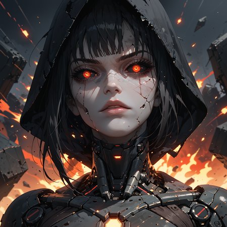 score_9,score_8_up,score_7_up,score_6_up, solo, 25 year old woman, edgy, in dark neon cyberpunk alley, cracked skin, chiaroscuro, scars, cybernetics, head tilt, cracked skin, mechanical under skin, mechanical parts, mechanical eyes, (black sclera), glowing eyes, grey skin, damaged mechanics, oversized hood, gothic, wind, war, fire, explosions, emissive, dynamic angle, backlighting, saturated, cinematic filter, textured, embers, sparks, dark, low-key, cyborg, particles, sinozick style, dark theme, <lora:add-detail-xl:1> <lora:Sinozick_Style_XL_Pony:0.6> <lora:zavy-cntrst-sdxl:1>