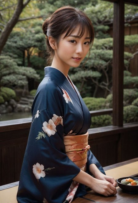 From frontal below :1.3,(dark background:1.3),(sitting behind wood table:1.631),(restaurant at ryokan:1.2),(Japanese tea cups and ((sukiyaki ))on table:1.63),(beautiful real texture :1),smile face:1,(royal),10k,(real skin texture:1),high resolution,(one 32 years old elegant Japanese woman wearing in colored long kimono:1.2), (looking at garden :1.4),exquisite face:1,(163cm tall:1),(fine wrinkle  :1.),(detailed innocent girls face:1.), NegfeetV2,(symmetrical),(small single chignon:1), ((one side )breast out:1.4)
