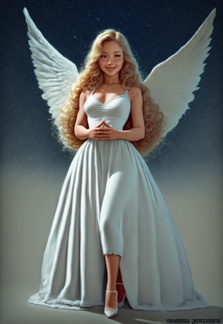 safe_pos, safe_pos, masterpiece, absurdres, best quality, Christmas Aesthetic, 1girl, blonde hair, solo, dress, wings, white dress, high heels, realistic, curly hair, own hands together, long hair, full body, white footwear, star (sky), watermark, breasts, angel wings, smile, standing