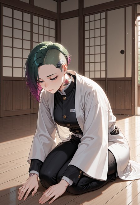 masterpiece, best quality, highres, absurdres, 1girl, solo, jdalvrz, neck tattoo, short hair, gradient hair, green hair, purple hair, asymmetrical hair, undercut, sidecut, demon slayer uniform, white haori, long sleeves, black jacket, d0j0, indoors, sliding doors, sunlight, dogeza, black pants, wooden floor, east asian architecture