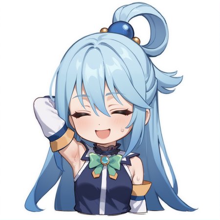 score_9, score_8_up, score_7_up, rating_safe, zPDXL2,  zPDXLxxx, zPDXL3, source_anime, <lora:GenshinChibi:1.2>, 
GenshinChibi, chibi, aqua \(konosuba\), aqua, long hair, hair ornament, very long hair, blue hair, hair rings, single hair ring, hair bobbles, bare shoulders, detached sleeves, blue shirt, green bow, white background, arm behind head, :d, sweat, happy, smile, closed eyes,