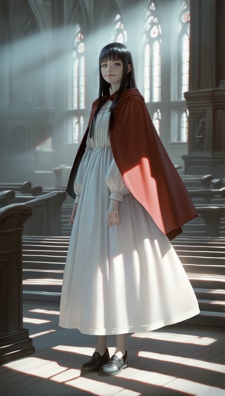 score_9,score_8_up,score_7_up,
<lora:Leanne:0.8>,
leanne,
highres,photorealism,
1girl,solo,pale skin,black hair,long hair,blunt bangs,red cape,blue eyes,looking at viewer,smile,long white dress,black flat shoes,full body,standing,
indoors,church,bloom,