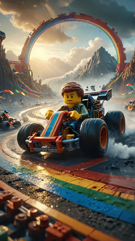 LEGO adventurers race go-karts through a rainbow-colored racetrack suspended in the clouds. 
Movie Poster, cinematic light, Professional Art
many details, extreme detailed, full of details,
Wide range of colors., Dramatic,Dynamic,Cinematic,Sharp details
 Insane quality. Insane resolution. Insane details. Masterpiece. 32k resolution.
 <lora:Lego_Cinematic_Lora:0.6>  <lora:ral-fntsyrlms-sdxl:0.5> ral-fntsyrlms  <lora:add-detail-xl:0.8>