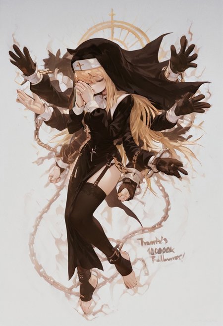 masterpiece, best quality, amazing quality, very aesthetic, absurdres,  sonic \(series\), 
  Perfect Hand,
tmosth, flat color, black shading, sloppy coloring, hatching \(texture\), furry,   simple background, gloves, white background, animal ears,,  furry,   site, 2furry
 sonic 1girl, black dress, black thighhighs, blonde hair, breasts, chain, cross, dress, extra arms, floating, full body, garter straps, habit, long hair, long sleeves, milestone celebration, nun, own hands together, pelvic curtain, praying, solo, thank you, thighhighs, toeless legwear, veil, very long hair, in air, One hand closes his eyes