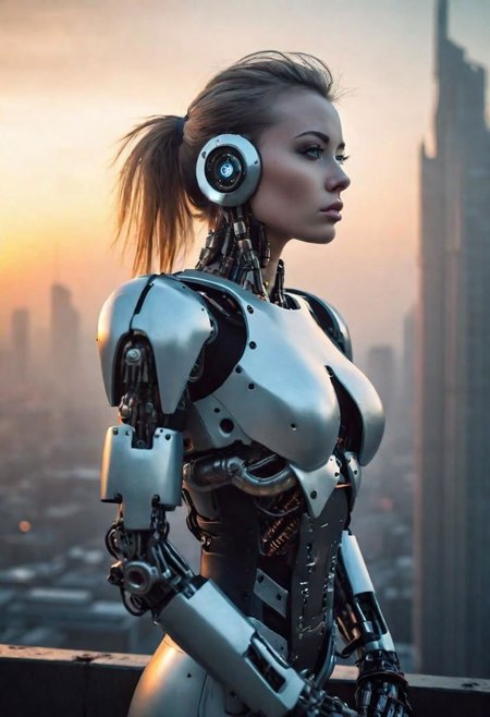 (1woman), robotic face, robot, ((fit, strong), Cyberpunk, city, skyline, ((architectural detail)), sunset, foggy, dystopian, (immaculate, high detail), photo realism, sony alpha 9 photo, epic, epic photo, (((gorgeous beauty)))