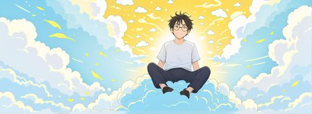 akirat2024, 1man sitting on nimbus cloud, yellow cloud, floating through sky, best quality, illustration, manga, glasses, white shirt, Pastel Drawing, soft colors, cute proportions, simplified features, comedic effect