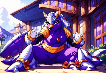 score_9, score_8_up, score_7_up, cowboy shot, armored animal, maverick, robotic, no humans, clenched hand, shell, megaman x, solo, armadillo, megaman, female, genderbending, sexy, looking at viewer, breasts, smug smile, feminine eyelashes, blue skies, 1girl, (dark purple eyeshadow:2), laying down, crouching, purple hair, armadillo form, red eyes, gold armadillo ears, anthro, Artifyber_style, kind, calm, cute pose, solo, full body