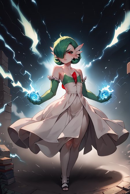 score_9, score_8_up, score_7_up, score_6_up, score_5_up, score_4_up, <lora:gardevoir_v2:1> gardevoir, white dress, creature, game freak, nintendo, pokemon, bangs, colored skin, female focus, flat chest, gen 3 pokemon, green hair, green skin, hair over one eye, multicolored skin, red eyes, short hair, two-tone skin, white skin, serious face, mad, charging, full body, <lora:Super_Saiyan_4_Goku_Anime:1>, <lora:asanagiArtistStylePonyxl_loraLocon:0.8>, <lora:incase-ilff-v3-4:0.8>, <lora:BoldCAT_P3:1>, energy, aura, electricity, black orb, red electricity, highly detailed, absurdres,