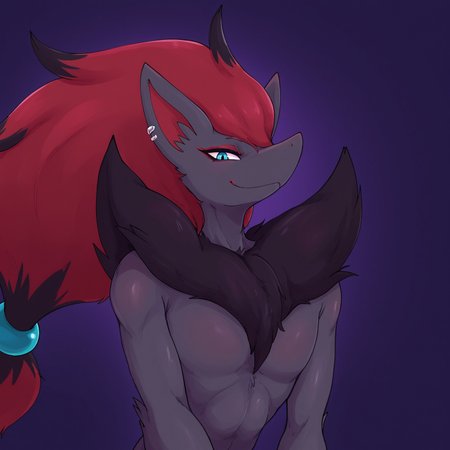 masterpiece, very aesthetic, absurdres ,best quality ,amazing quality, detailed, 
1boy, solo, zoroark, pokemon, furry, fur, pierced ear, long hair, long ponytail, upper body portrait, chest tuft, smile