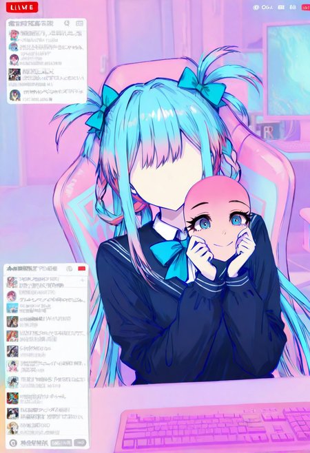 source_anime, high res image, masterpiece, perfect quality, best quality, newest, highres, m@skface, facemask, holding mask, faceless,ultra detailed face, detailed eyes,
1girl, solo focus,
blue_eyes,multicolored_hair,pink_hair,bow,blue_hair,hair_bow, very long hair, multicolored hair, quad tails, school_uniform,
smile, 
looking at viewer,
Y-Tube,livestream,chat log,chair,keyboard \(computer\),monitor,super chat,comment,Gaming Chair,
colorful, vivid colors, psychedelic, abstract,
usnr, sushi yuusha toro
