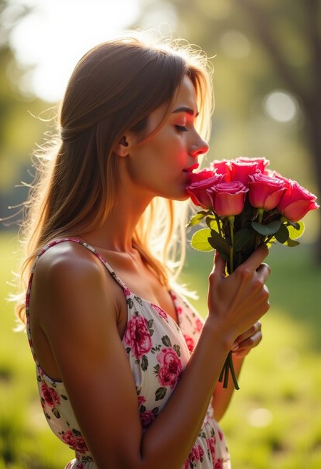 valentine's day, a woman, picnic, smelling a bouquet of roses, sunny, wearing a  floral sundress,