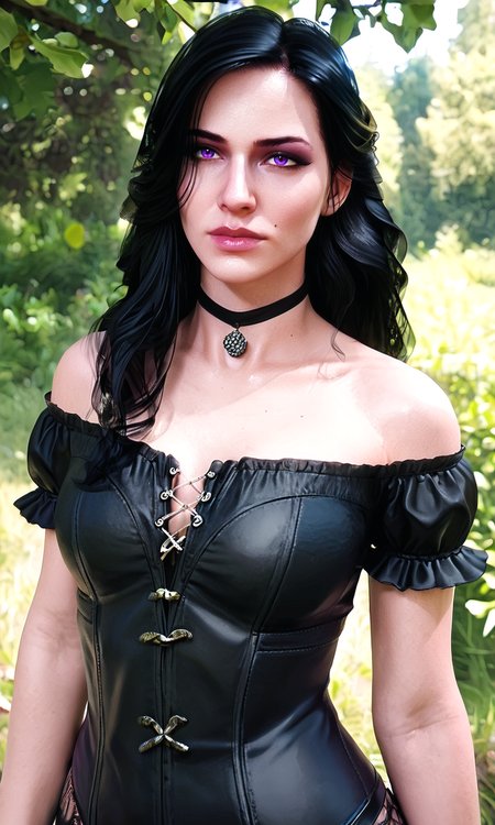 score_9, score_8_up, score_7_up, BREAK, zy_yennefer, 1girl, long hair, black hair, mole, purple eyes, choker, jewelry, portrait, realistic, photo, real hair, detailed skin, black dress, fantasy forest, highly detailed, detailed skin, depth of field, film grain, <lora:zy_Yennefer_PonyRealism_v1:.7>