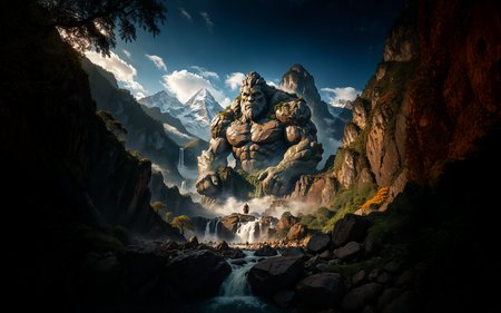 cinematic still Create an image of a colossal stone giant emerging from a mountain range. The titan, made of rocks, soil, and vegetation, embodies the strength and majesty of the earth. Surrounding it are rugged peaks, cascading waterfalls, and dense forests. The sky is clear, emphasizing the grandeur of the scene. The titanâs movements cause minor earthquakes, and its eyes glow with an ancient, primordial wisdom . emotional, harmonious, vignette, 4k epic detailed, shot on kodak, 35mm photo, sharp focus, high budget, cinemascope, moody, epic, gorgeous, film grain, grainy, Create an image of a colossal stone giant emerging from a mountain range. The titan, made of rocks, soil, and vegetation, embodies the strength and majesty of the earth. Surrounding it are rugged peaks, cascading waterfalls, and dense forests. The sky is clear, emphasizing the grandeur of the scene. The titanâs movements cause minor earthquakes, and its eyes glow with an ancient, primordial wisdom, awesome detail, romantic, rich colors, strong, detailed, dynamic, vibrant, epic, great, scenic, artistic, appealing, majestic, imposing, complex, wonderful, symmetry, divine, dramatic, warm color, intricate, very inspirational, inspiring, bright, incredible, amazing, surreal, creative, highly thought