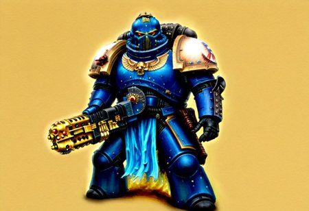 Score_9_up, absurdres, source: GamesWorkshop, grimdark, gothic horror, an adeptus astartes Ultramarines Infernis space marine in armor and helmet wielding a flamer